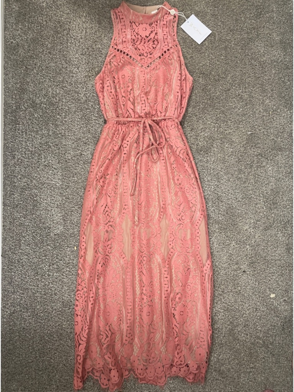 Wayf Coral Pink Crochet Lace Halter Tie-Waist Midi Dress NWT Small